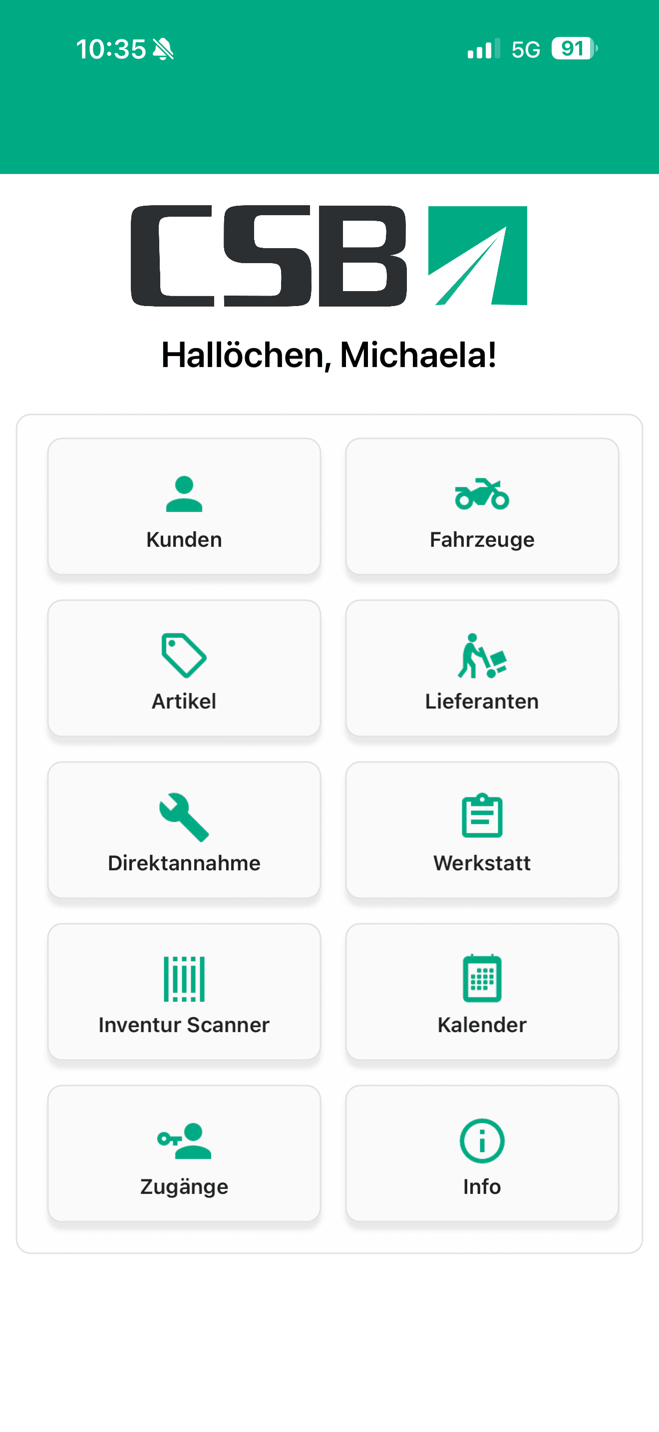 CSB-App Hauptmenü mit Suchfeld